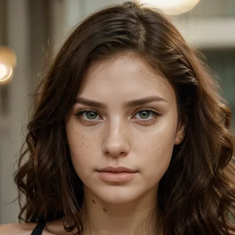 Generate a hyper-realistic portrait of a 25-year-old individual of Ukrainian and French descent. The person should have striking features, including brunette hair cascading in loose waves, piercing green eyes that reflect depth and emotion, and high cheekb...