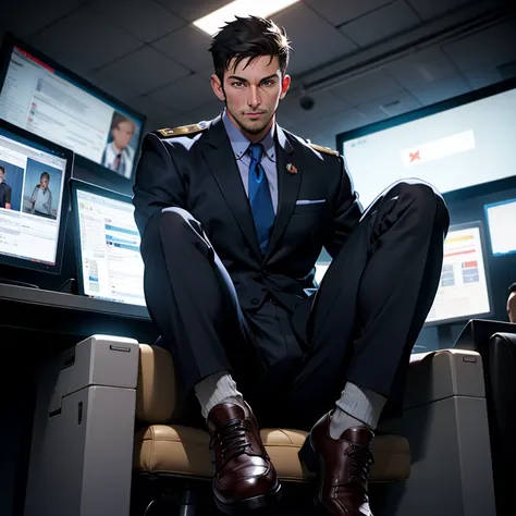 masterpiece, best quality, face, natural eyes, 1man, big feet, black socks, full body, (in suits), large bulge, long legs, looking at viewer, 30 years old, muscled and mature, pilot, pilot in uniform, short haircut, a pilot sitting on the desk with legs st...