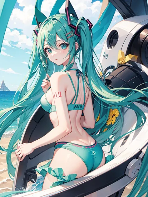 Hatsune Miku with her original clothes without a skirt, showing her underwear