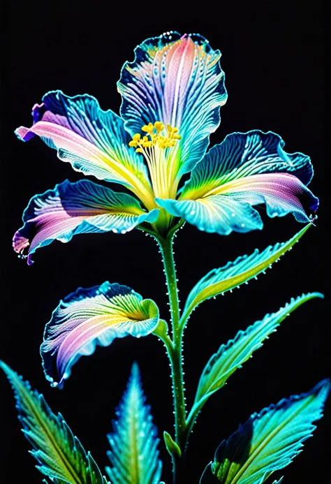 fatastic nature, ultra realism, ultra detail, bioluminescence, cibachrome, flower photography, photopainting, 90s, furrowed, vibrant holographic gradient