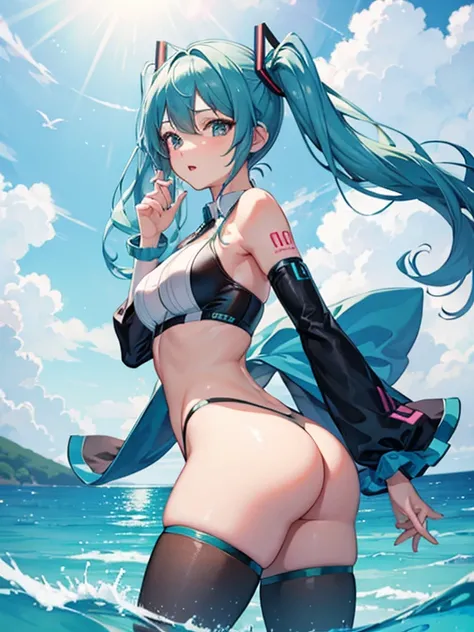 Hatsune Miku naked showing her ass with a sexually excited face 