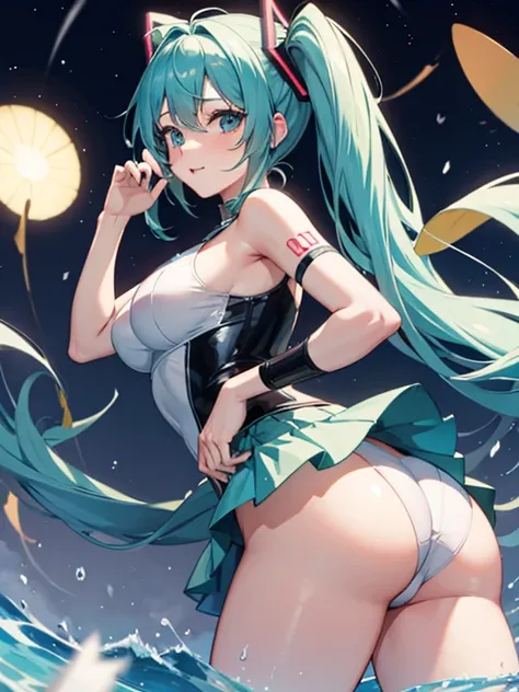 Hatsune Miku naked showing her ass with a sexually excited face 