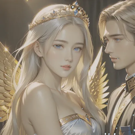 In the arms of a very handsome young, majestic, courageous, athletic, attractive king men with long straight platinum hair, liht blue burning eyes, dressed in golden royal robes, with a gold crown on his head, with large gold wings growing behind his back ...