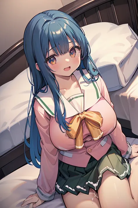 (((full body))), (((blue hair))), (((pnkserafuku))), (((vaginal,sex))), (((spread legs onbed))),(((cum in pussy))),(((from above...