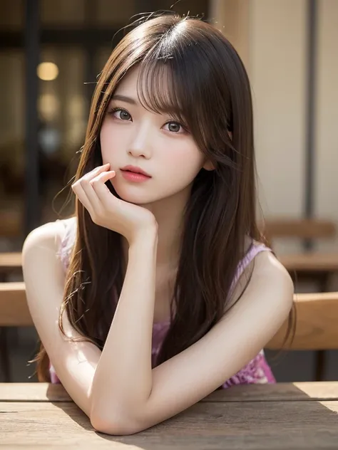 fine details, high resolution, high quality、Perfect dynamic composition, Beautiful and delicate eyes, Medium long hair, huge 、natural color lips,Kamimei、Shibuya、20 year old girl、1 person、clear skin、glowing hair、on the table, best quality, illustration, Sup...