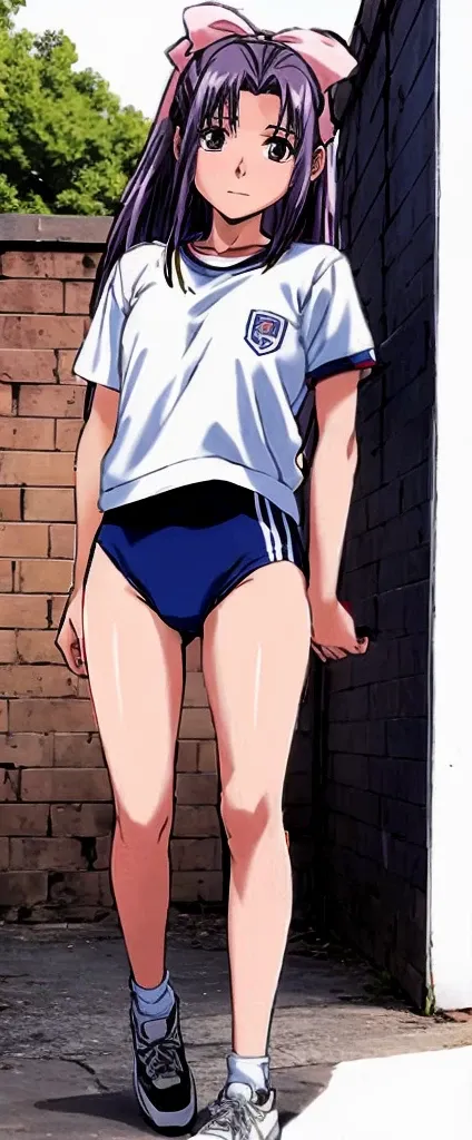 Momoko Koigakubo, a tall girl with beautiful legs, is wearing white gym clothes and light navy blue bloomers that look like panties, and is standing facing the viewer with her legs spread to the sides and her mouth open.。Doing Comanechi pose。blush。