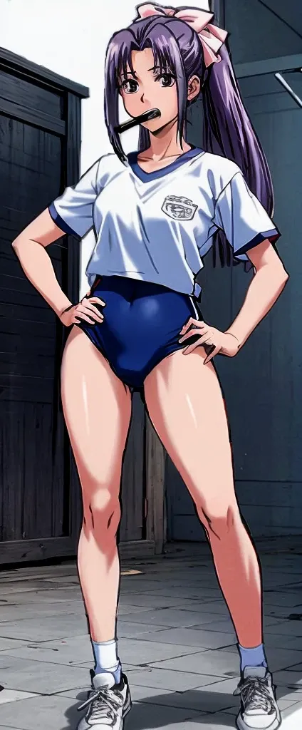 Momoko Koigakubo, a tall girl with beautiful legs, is wearing white gym clothes and light navy blue bloomers that look like panties, and is standing facing the viewer with her legs spread to the sides and her mouth open.。Doing Comanechi pose。blush。