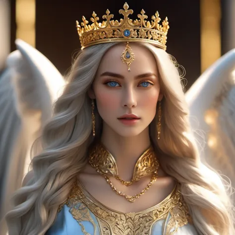 In the arms of a very handsome young, majestic, courageous, athletic, attractive king men with long straight platinum hair, liht blue burning eyes, dressed in golden royal robes, with a gold crown on his head, with large gold wings growing behind his back ...