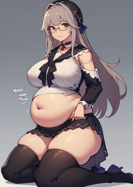 (masterpiece, best quality, highly detailed), 1girls, big belly, blurry background, huge belly, art by kipteitei, round belly, chubby, curvy, simple_background, gradient_background, belly grab, enormous belly, fat belly, thicc, bigger belly, really big bel...