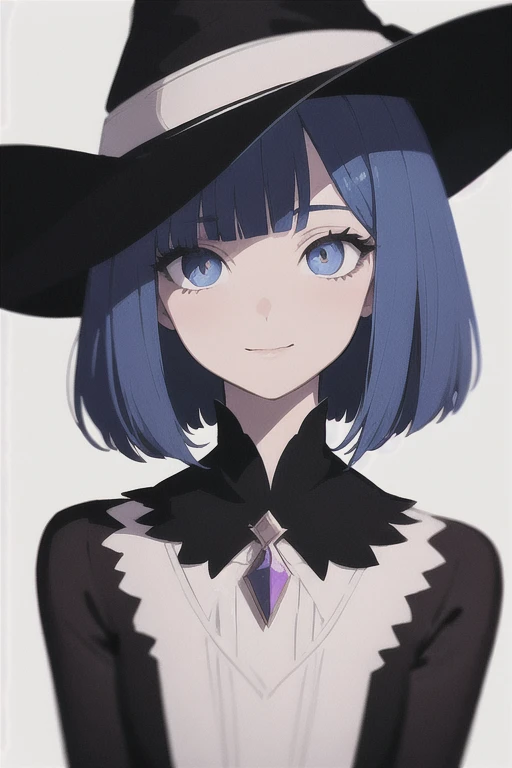 Witchs outfit, Anime-style portrait of a girl with a deep violet bob cut making eye contact with the camera, bright eyes, baby-faced, subtle smile, minimalistic background to emphasize character, high contrast, clean lines, digital painting, vivid colors