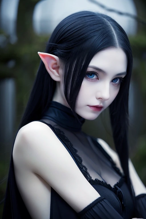 elf girl　A slender girl with pale, dark skin, long pointed ears, silver hair, and dark blue eyes.　cute girl　well-groomed face　Poor expression　A slight smile on his face　A gloomy and dreary atmosphere　decadent　mysterious　dark fantasy　Realistic anime girl　bl...