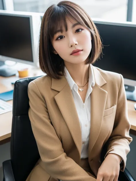 (best quality, 8K, 32k, masterpiece, ultra high definition:1.2),Photos of beautiful Japanese women, 1 girl, (Dark brown medium short hair), double eyelids, Beige Thin Suit Jacket, white vest, brown skirt, charm necklace, Sit on the original office chair