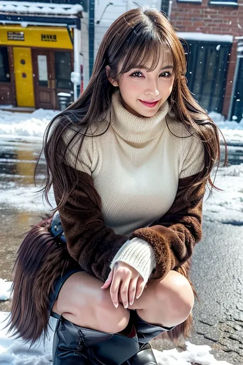 (masutepiece:1.3, Photorealsitic:1.4, 8K), top-quality, ​masterpiece, 超A high resolution, Perfect dynamic composition, Highly detailed skin and facial texture:1.3, A detailed eye, Detailed limbs, Snow flutters:1.2, Street corner in snowy country:1.2, 1girl...