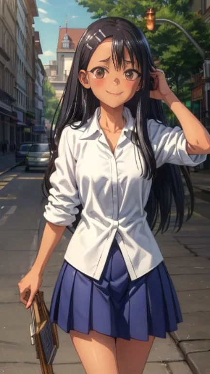 HDR, cg, sharp focus, (8K), (4k), masterpiece, highest quality, sharp focus, very detailed, Complex, very detailed, nagatoro hayase, brown eyes, black hair, bangs, long hair, black skin, hair clip, white shirt, blue skirt, no socks, uwabaki, Are standing, ...