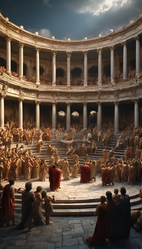 An epic scene of Roman power struggles and rebellions unfolding in a grand amphitheater, reminiscent of classical Roman sculpture, depicting intense figures in draped togas engaged in fierce debate and conflict, with cascading sunlight casting dramatic sha...