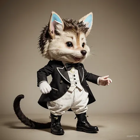 Fantastic cartoon character hedgehog in a tailcoat and boots, with horns and cat&#39;s tail 