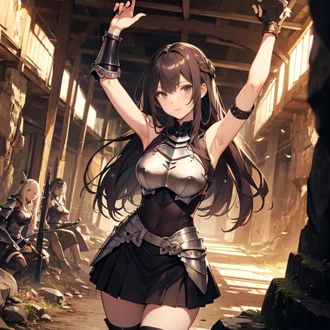 A group of  female knight, (in cave), various hair styles, harem, wearing armored clothes, metal armor, night, details face, , short skirt, seducing, sword, showing armpits, sleeveless, erotic