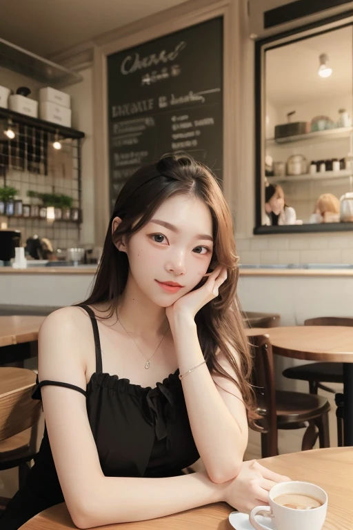 (masterpiece), highest quality, perfect face,  1 girl, pretty dress, at the cafe,