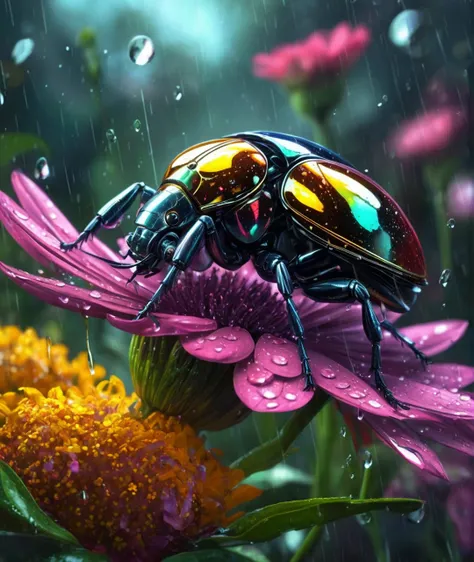 complex and colorful, (digital painting:1.2),collect, close-up photo of a robotic jewel beetle resting on a beautiful flower, it...