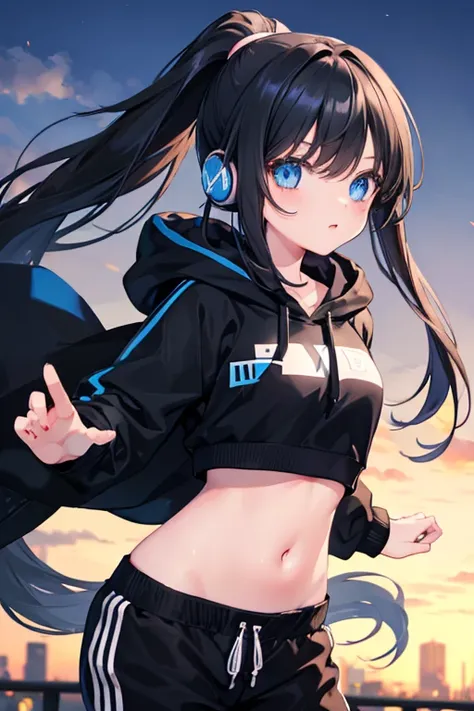 a beautiful cute anime girl,blue eyes,long black hair, ponytail,(high-details),crop top hoodie, black training pants,city(hd-view), headphones,(high-quality),