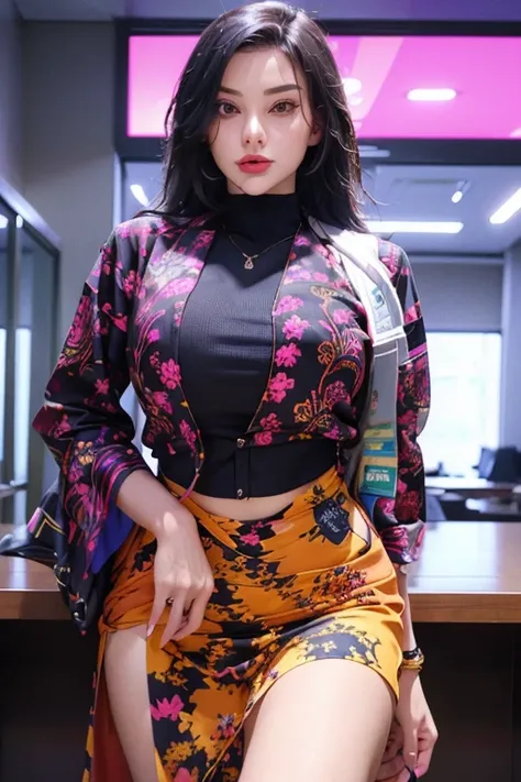 beautiful woman, wearing a stylish and office outfit, with a determined expression on her face, fashionable, woman, vibrant, outfit, posing, front, colorful, dynamic, background, elements, confident, expression, accessory, majestic, coiled, attention-grabb...