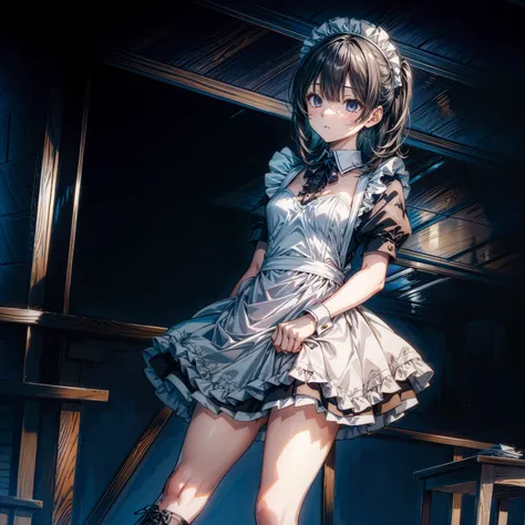 perfect anatomy, highest quality,(Detailed maid leotard:1.4),1girl,solo,(anime coloring:1.4),long hair:1.5, (short sleeves, Thighs,maid cuffs),,hypnoLora, empty eyes,high heel lace-up boots  boots, 