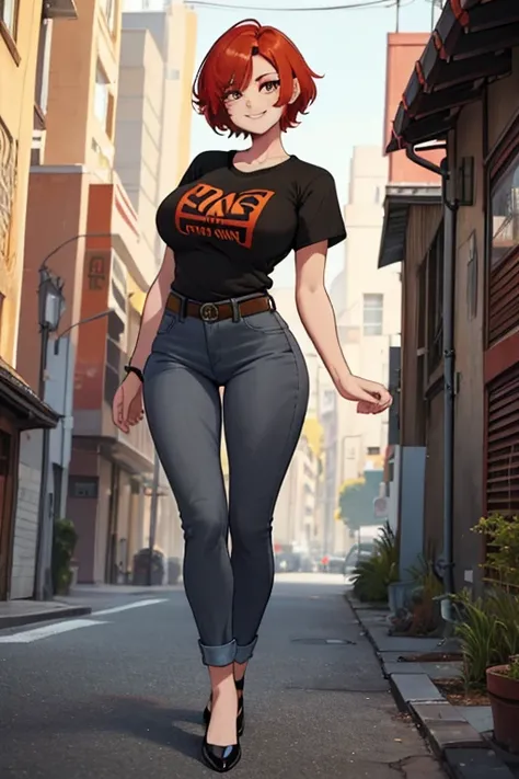 female, red short hair with yellow highlights, orange eyes, (((1girl))), (((black t-shirt))), (grey denim jeans), (black belt), (black flats), cute and sexy, large breasts, large butt, full body, long legs, smiling