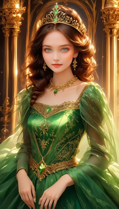 young woman, brown hair, green eyes, green royal dress, princess.