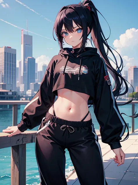 a beautiful cute anime girl,blue eyes,long black hair, ponytail,(high-details),crop top hoodie, black training pants,city(hd-vie...