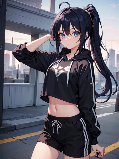 a beautiful cute anime girl,blue eyes,long black hair, ponytail,(high-details),crop top hoodie, black training pants,city(hd-vie...