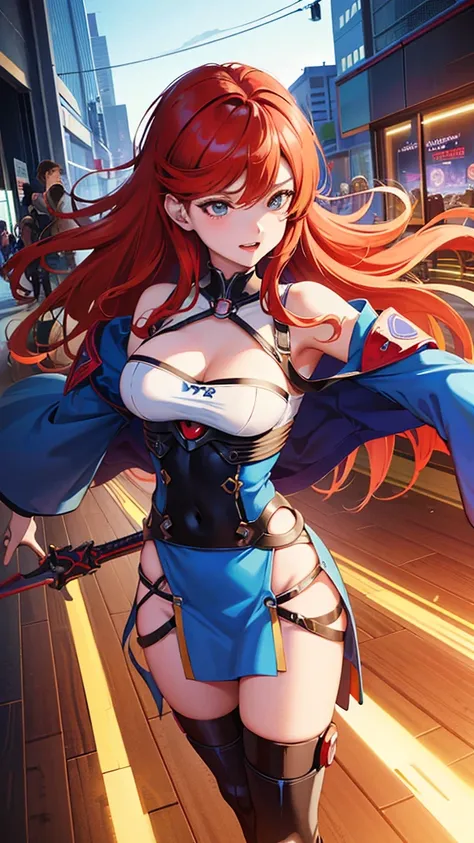 anime girl in a blue dress with red hair and a sword, seductive anime girl, biomechanical oppai, trending on artstation pixiv, marin kitagawa fanart, 8k octae render photo, pixiv 3dcg, 8k high quality detailed art, oppai cyberpunk, detailed digital anime a...