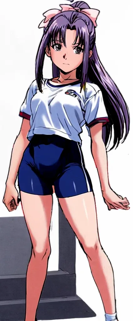 Momoko Koigakubo, a tall girl with beautiful legs, is wearing white gym clothes and light navy blue bloomers that look like panties, and is standing facing the viewer with her legs spread to the sides and her mouth open.。Doing Comanechi pose。blush。