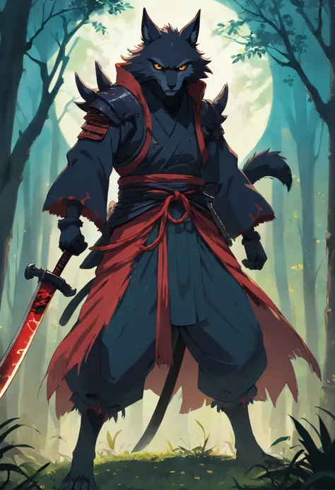 Slender, full-body samurai lycanthrope with black armor and scythe 