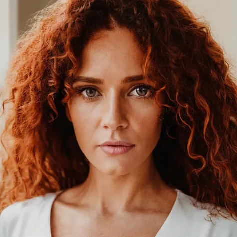 Photorealistic and highly detailed portrait of a 35-year-old redhead woman named Mariana, with long and curly hair, wearing a pink veterinarian jumpsuit. Her features are realistic and extremely beautiful, with clear bright eyes, a refined jawline, and plu...