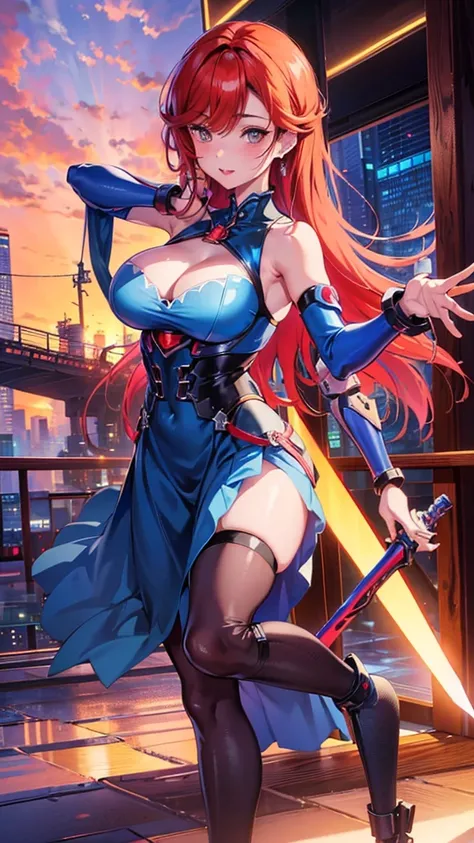 anime girl in a blue dress with red hair and a sword, seductive anime girl, biomechanical oppai, trending on artstation pixiv, marin kitagawa fanart, 8k octae render photo, pixiv 3dcg, 8k high quality detailed art, oppai cyberpunk, detailed digital anime a...