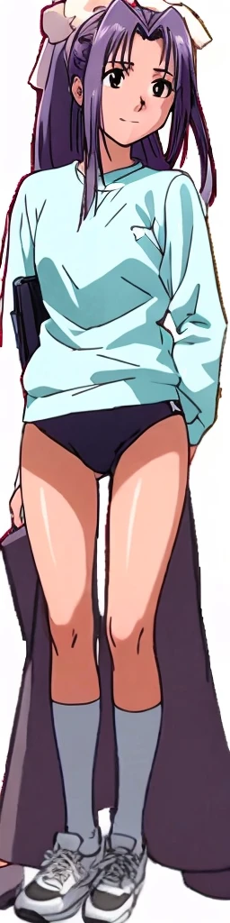 Momoko Koigakubo, a tall girl with beautiful legs, is wearing white gym clothes and light navy blue bloomers that look like panties, and is standing facing the viewer with her legs spread to the sides and her mouth open.。blush。