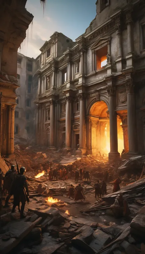 the fall of rome depicted in the style of romanticism, dramatic lighting, hyper-realistic details of crumbling architecture, rom...