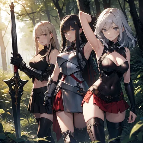 A group of young female knight, (in forest), various hair styles, harem, wearing armored clothes, metal armor, night, details face, , short skirt, seducing, sword, sleeveless , showing armpits, midriff 