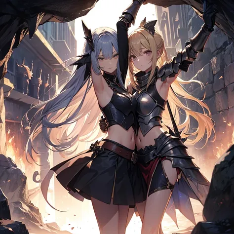 A group of young female knight, (inside dark cave), various hair styles, harem, wearing armored clothes, metal armor, night, details face, , short skirt, seducing, sword, sleeveless , showing armpits, midriff 