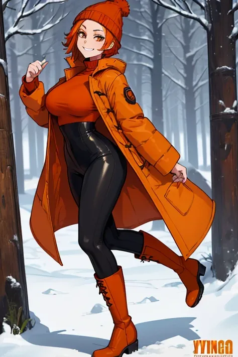 female, red short hair with yellow highlights, orange eyes, (((1girl))), (((orange winter coat))), (black turtleneck shirt), (red beanie), (black leggings), (brown cowboy boots with white trim), cute and sexy, large breasts, large butt, full body, long leg...