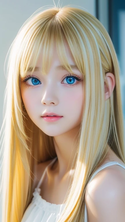 sexy fresh appearance perfect beautiful cute pretty girl、long bangs above the eyes、super long golden blonde straight silky hair、...