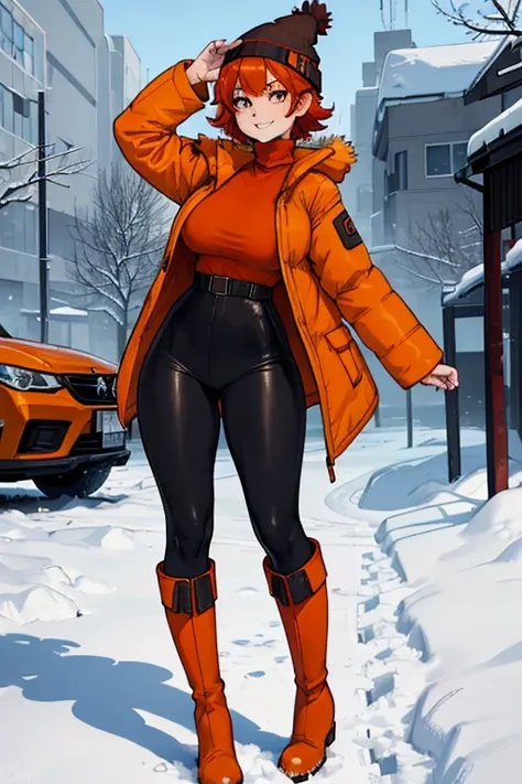 female, red short hair with yellow highlights, orange eyes, (((1girl))), (((orange winter coat))), (black turtleneck shirt), (red beanie), (black leggings), (brown cowboy boots with white trim), cute and sexy, large breasts, large butt, full body, long leg...