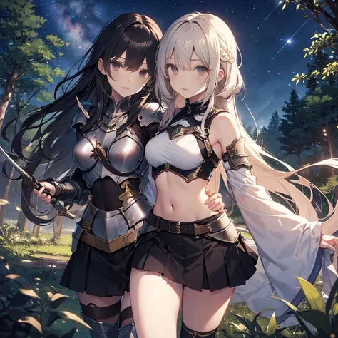 A group of young female knight, (in forest), various hair styles, harem, wearing armored clothes, metal armor, night, details face, , short skirt, seducing, sword, sleeveless , showing armpits, midriff, night, starry night 