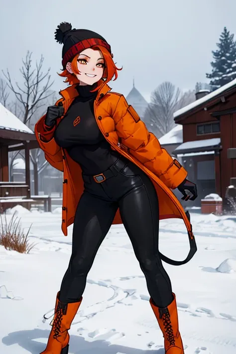 female, red short hair with yellow highlights, orange eyes, (((1girl))), (((orange winter coat))), (black turtleneck shirt), (red beanie), (black winter pants), (brown cowboy boots with white trim), cute and sexy, large breasts, large butt, full body, long...