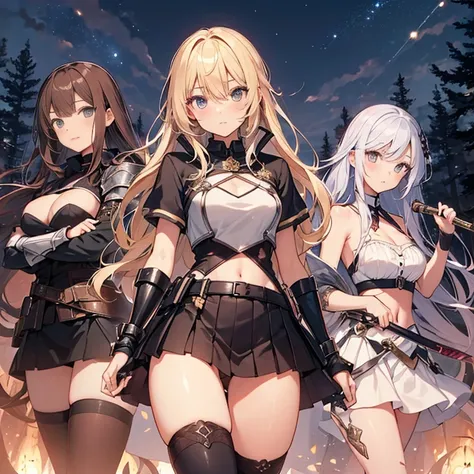 A group of young female knight, (in forest), various hair styles, harem, wearing armored clothes, metal armor, night, details face, , short skirt, seducing, sword, sleeveless , showing armpits, midriff, night, starry night 