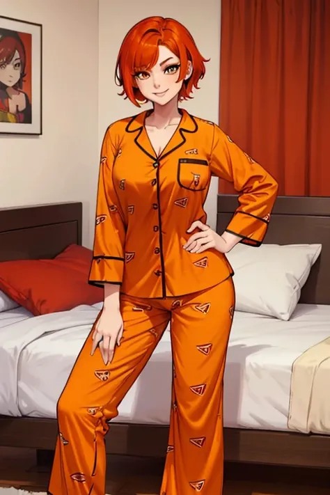 female, red short hair with yellow highlights, orange eyes, (((1girl))), (((red and orange pajama shirt))), (red and orange pajama pants), cute and sexy, large breasts, large butt, full body, long legs, smiling