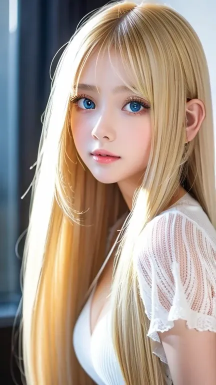 sexy fresh appearance perfect beautiful cute pretty girl、long bangs above the eyes、long blonde hair in the center of the face、su...