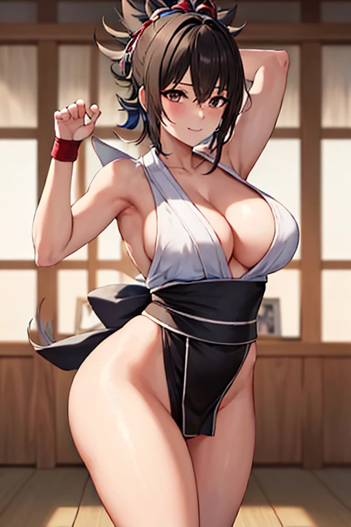 masterpiece, best quality, beautiful art, high resolution, well formed hands, body and fingers, 1 woman, solo, Yoimiya, adult, grown up  ,big breasted, cleavage, full body, black stockings, sleeveless, leotard peeking, pelvic curtain, sexy Japanese clothes...