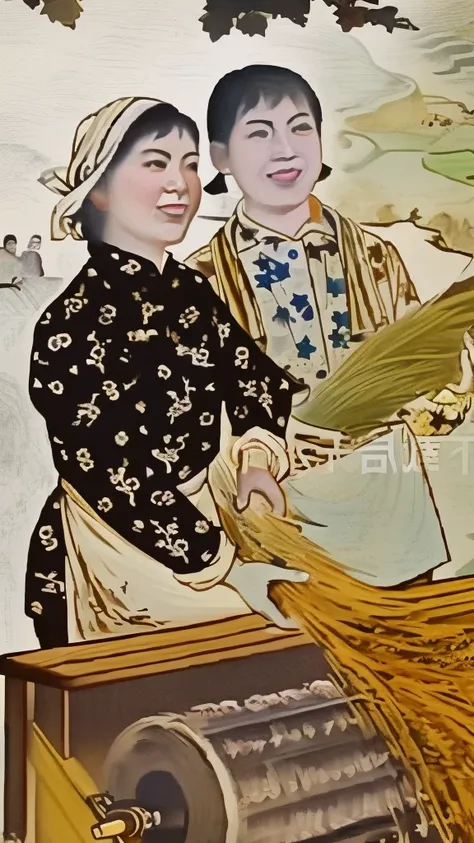 两名身着Tradition服饰的妇女正在采麦的画作, Tradition, by Liao Chi-chun, chinese woman, old chinese painting, inspired Xu Beihong, Poster, by Fang Congyi, author：Gu Zhengyi, Xu Beihong, Inspired by Gu Hongzhong, by Sheng Maoye，Remove watermark，Remove watermark，