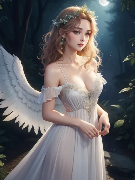 Picture Prompt: A cute French woman in an open-shoulder dress, adorned with angels wings, immerses herself in the bewitching atmosphere of a moonlit bathing scene deep in the forest. Her pale, silky skin glows under the mysterious, magical worlds moonbeams...